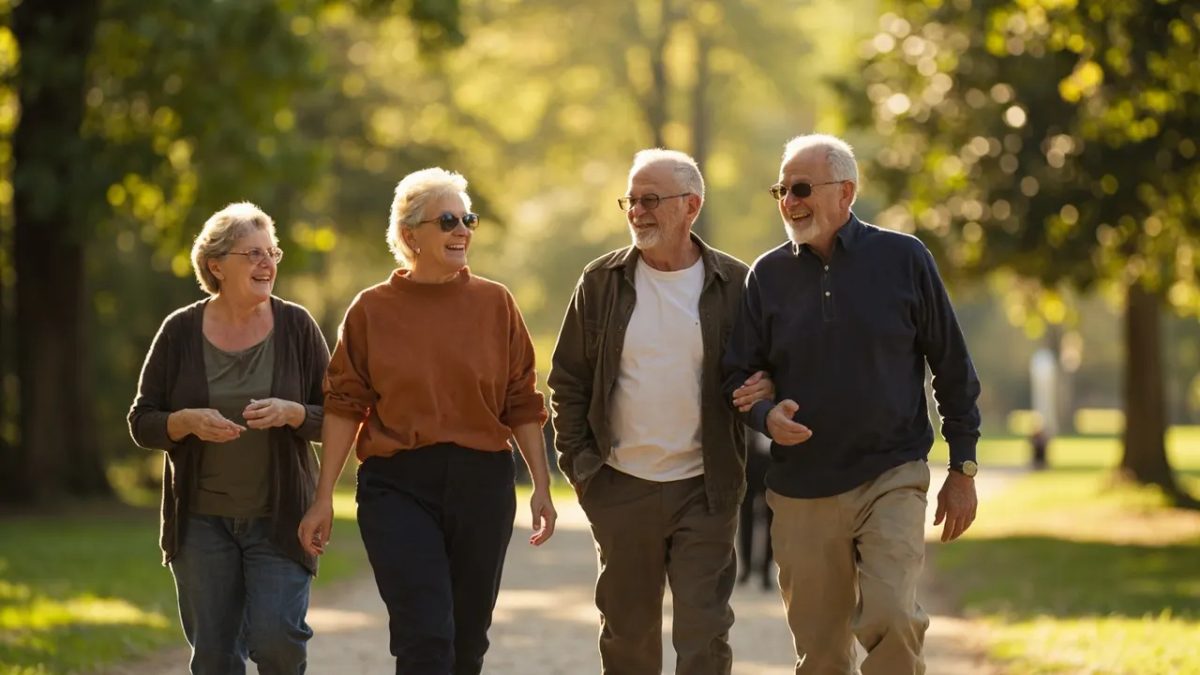 Grupo diverso de personas adultas caminando juntas y conversando animadamente por un sendero arbolado de un parque bajo luz cálida de la tarde.