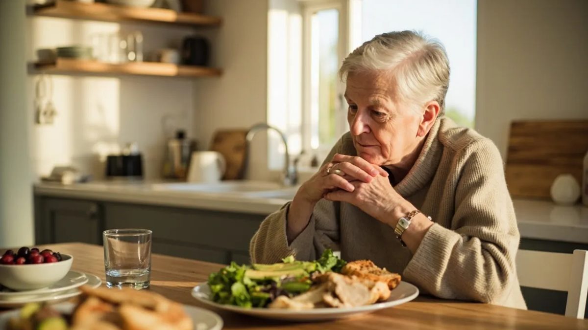 Persona reflexionando frente a un plato equilibrado con verduras, proteínas y una pequeña porción de pan integral, en una cocina luminosa.