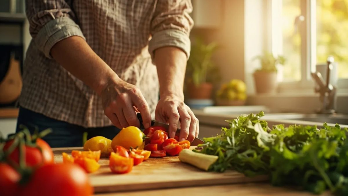 Adulto diverso en una cocina iluminada por luz natural cálida, preparando con cuidado verduras frescas y coloridas sobre una tabla de madera
