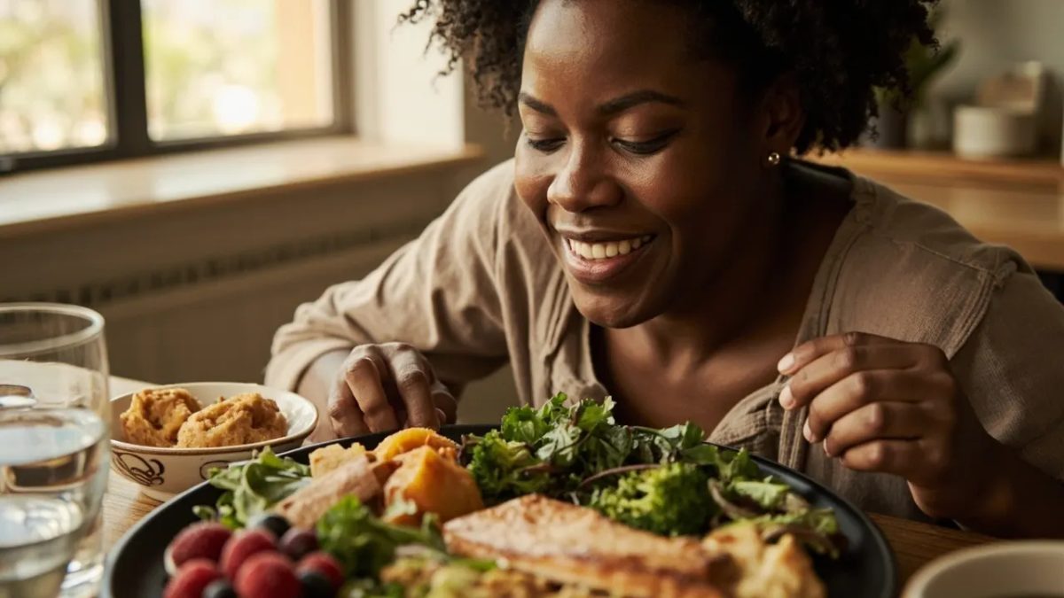 Persona diversa sonriendo frente a un plato colorido y equilibrado con pescado a la plancha, brócoli, batata asada, hojas verdes y un cuenco de frutos rojos, representando una comida saludable al estilo de la dieta Dash.