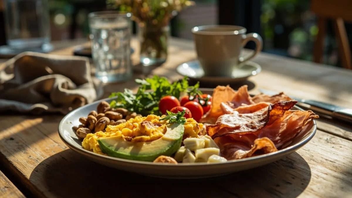 Plato de desayuno bajo en carbohidratos con huevos revueltos, tiras de tocino crujiente, aguacate en rodajas, dados de queso curado, salmón ahumado y frutos secos, servido sobre una mesa de madera con luz natural cálida.