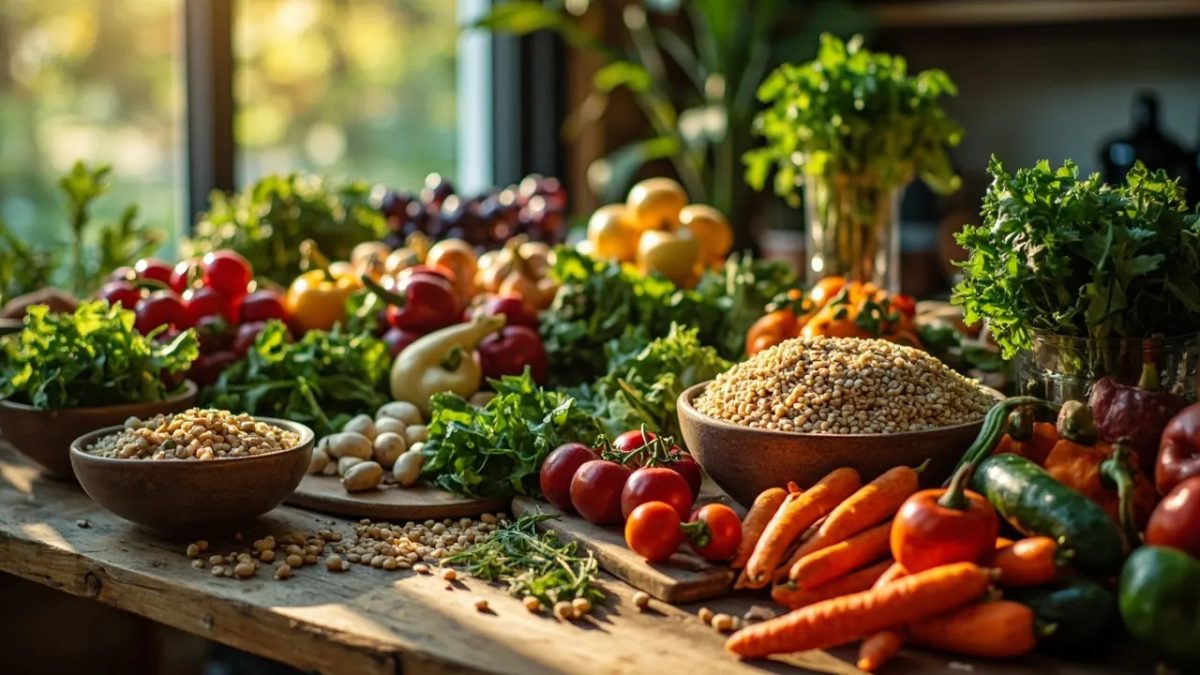 Mesa de madera con una variedad abundante de alimentos vegetales frescos: verduras de colores, hojas verdes, legumbres, cereales integrales y frutas dispuestos en cuencos de cerámica y tablas rústicas, bajo luz natural cálida.