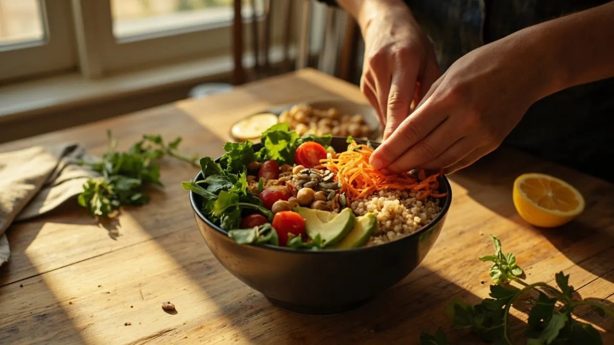 Fotografía editorial de un colorido bowl vegano con quinoa, garbanzos tostados, aguacate, espinacas, tomates cherry y semillas, sobre una mesa de madera rústica iluminada con luz natural cálida.