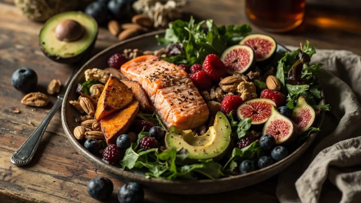 Disposición cenital de alimentos propios de la dieta paleo sobre una mesa de madera rústica: salmón a la plancha, boniato asado, aguacate, verduras de hoja verde, frutos rojos, nueces y almendras.
