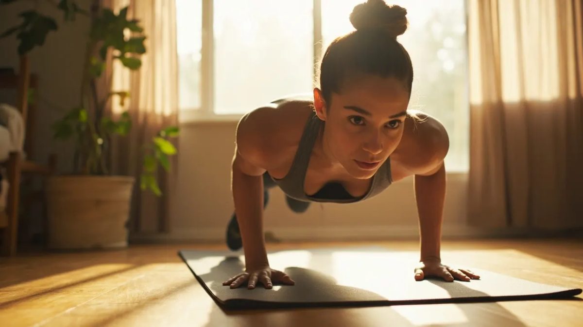 Mujer diversa haciendo flexiones en una esterilla en el salón de su casa, con luz cálida entrando por la ventana, practicando calistenia para principiantes.