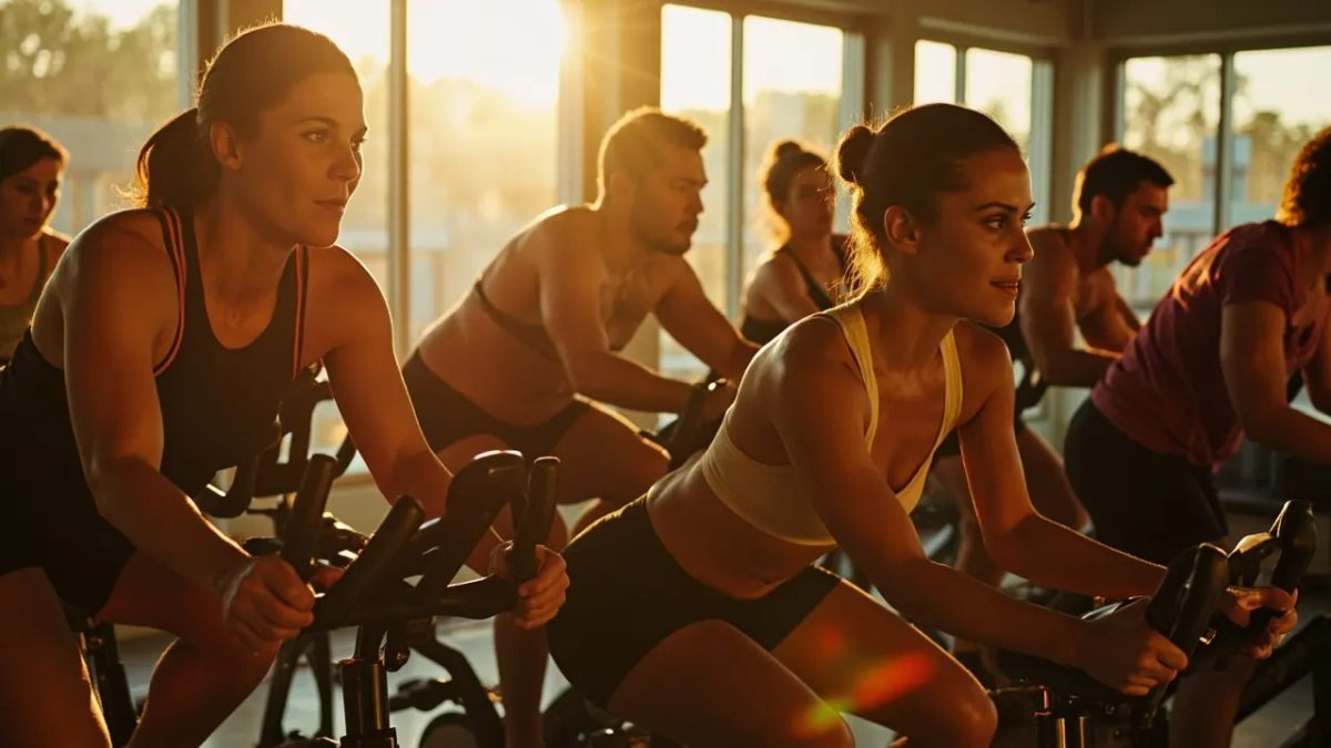 Grupo diverso de personas pedaleando en bicicletas estáticas durante una clase de spinning en un estudio luminoso, con luz cálida natural y ambiente de energía compartida.
