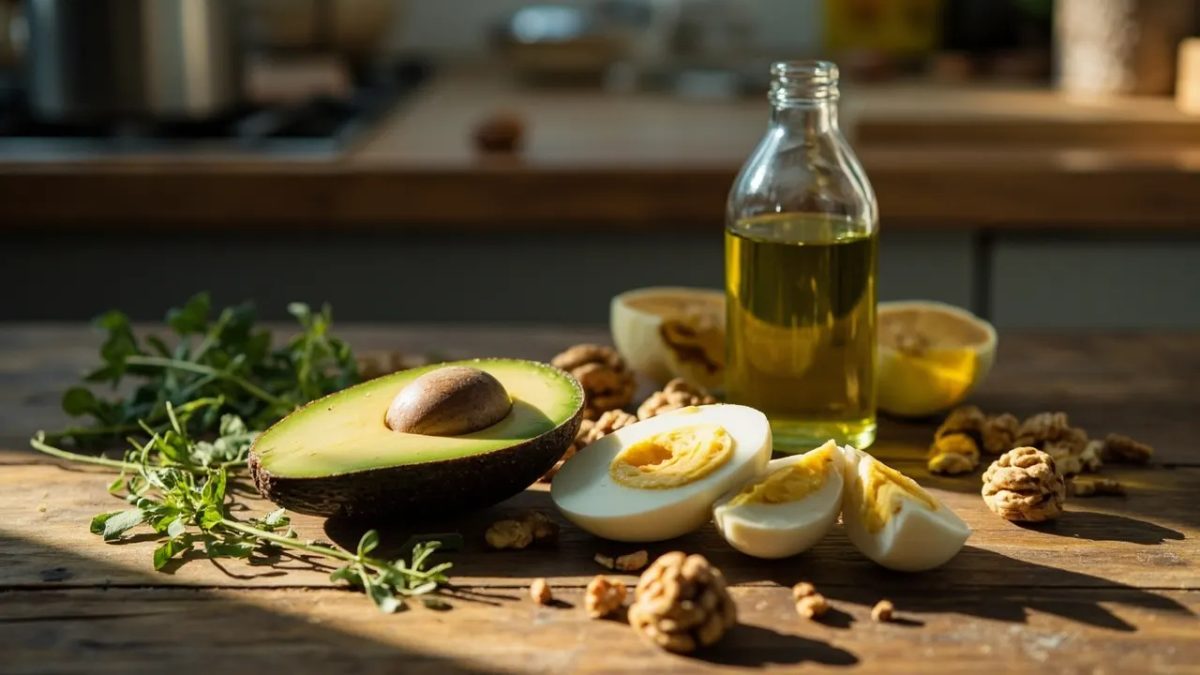Aguacates cortados y huevos hervidos dispuestos sobre una mesa de madera rústica con nueces, aceite de oliva y hierbas frescas.