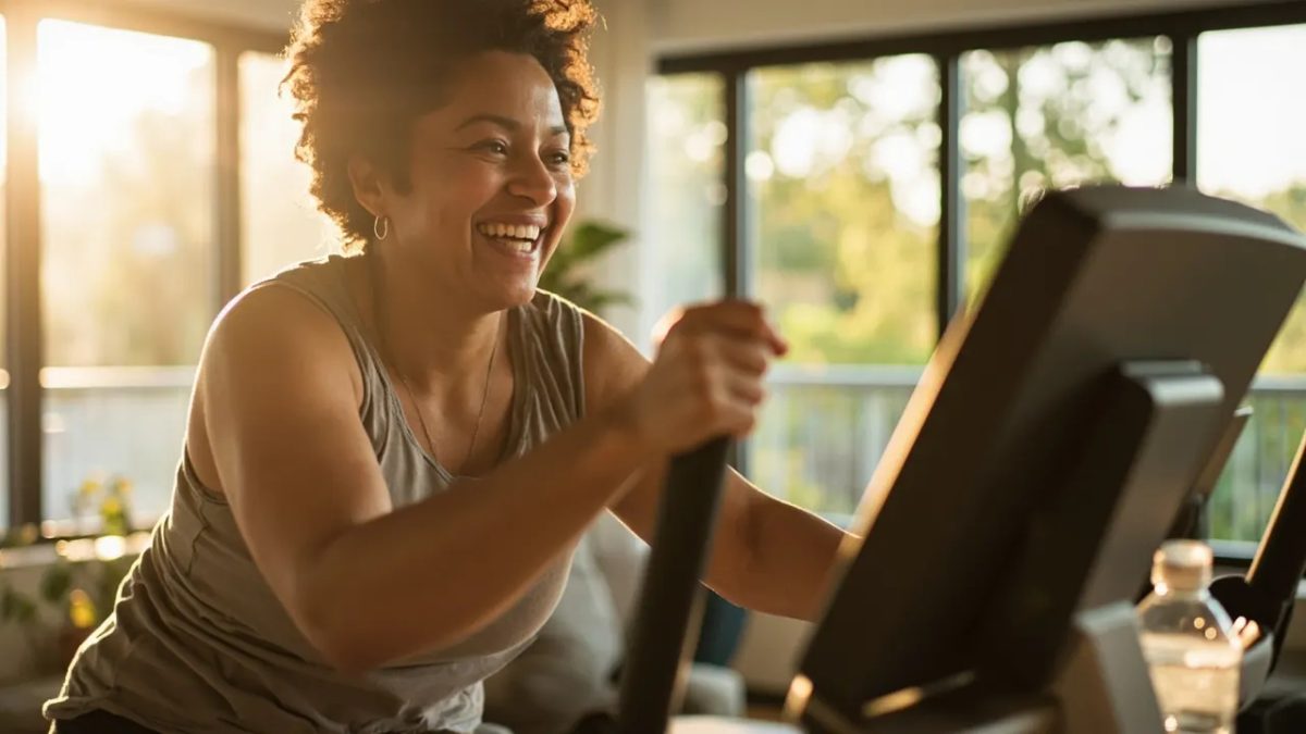 Mujer diversa sonriendo mientras pedalea en una bicicleta elíptica en un salón luminoso con luz natural cálida.