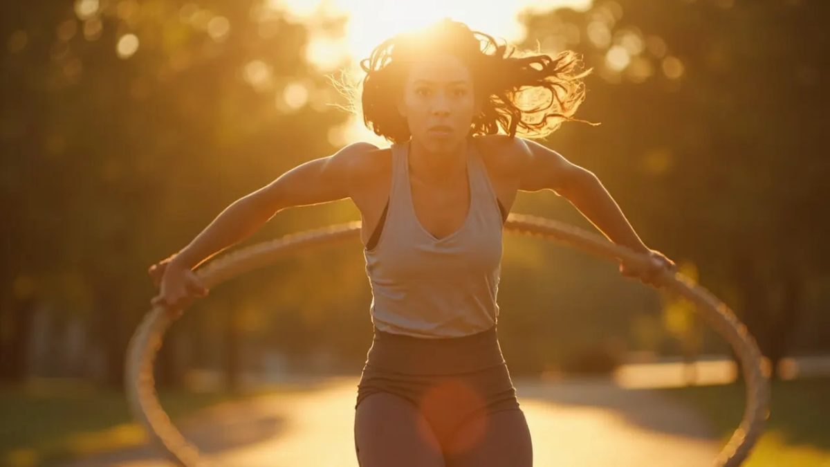 Mujer real saltando la cuerda al aire libre en un parque durante la hora dorada, fotografiada en pleno salto con ropa deportiva sencilla.