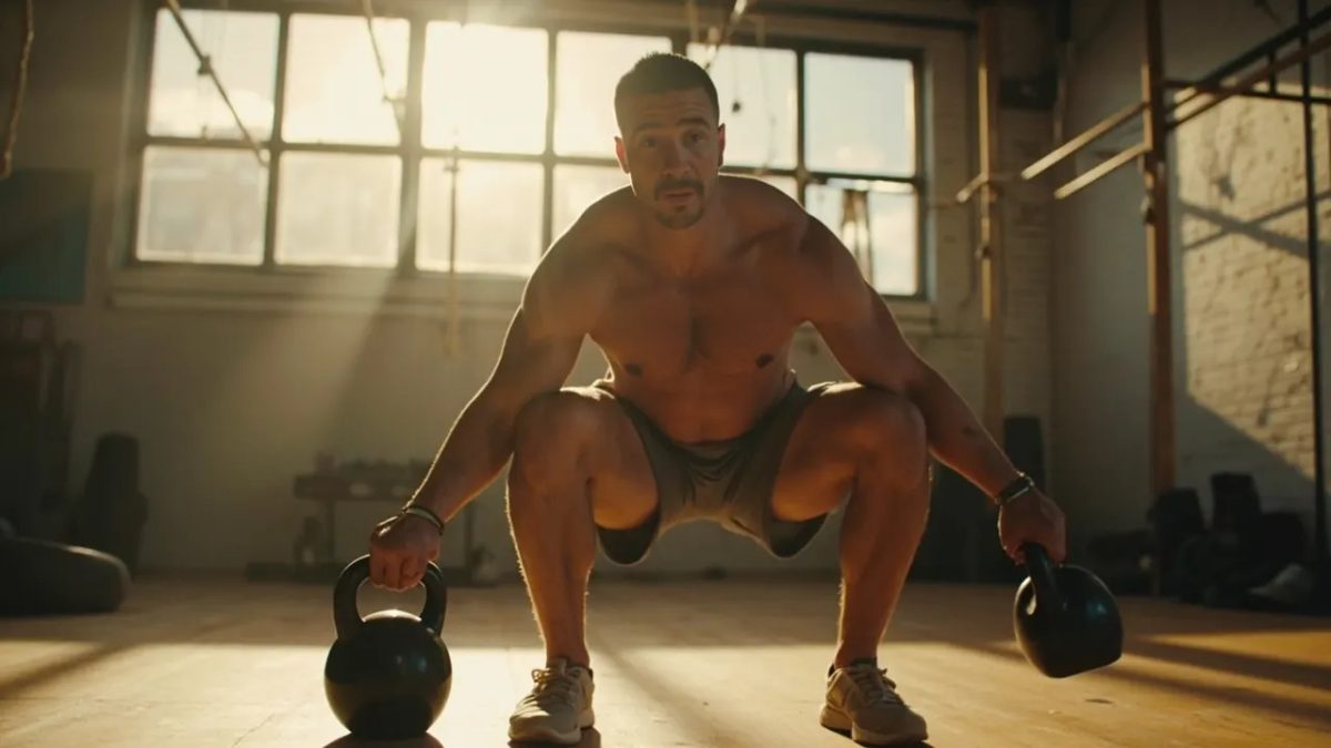 Persona principiante realizando una sentadilla con kettlebell en un box de CrossFit bañado por luz natural cálida.