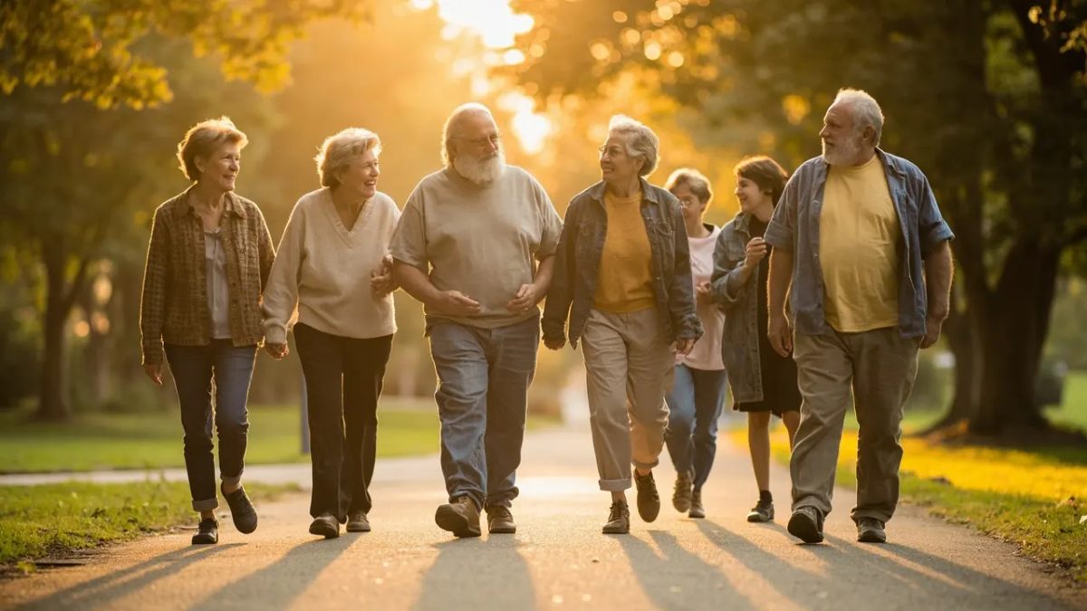 Grupo diverso de personas adultas de distintas edades y complexiones caminando juntas por un parque iluminado por el sol, conversando y sonriendo de forma natural.