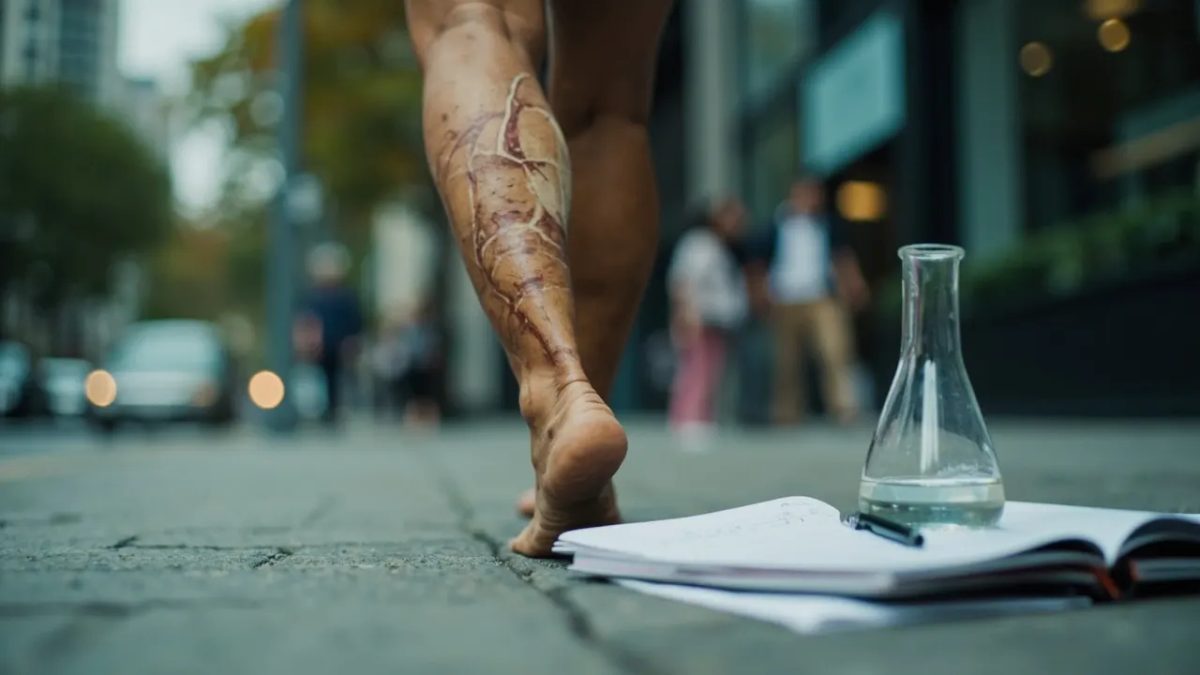 Piernas de una persona adulta diversa caminando por una acera urbana bajo luz difusa de día nublado, con venas varicosas visibles en los tobillos y pantorrillas.