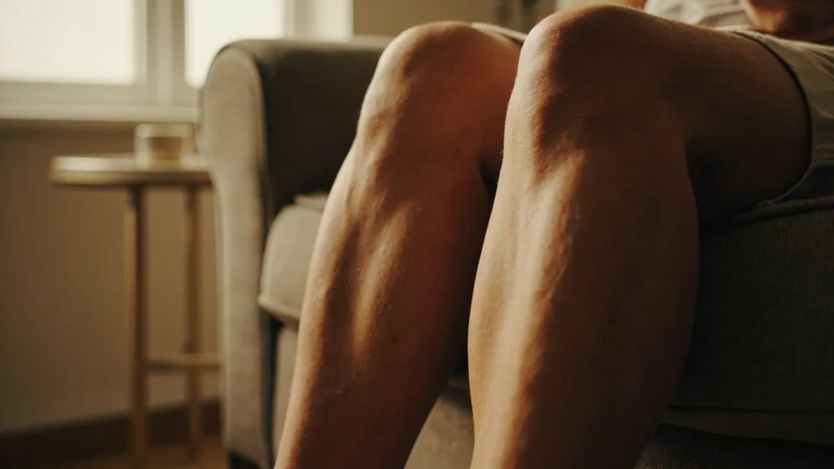 Piernas de una persona adulta con varices visibles, sentada cómodamente en un sofá neutro bajo luz natural cálida.