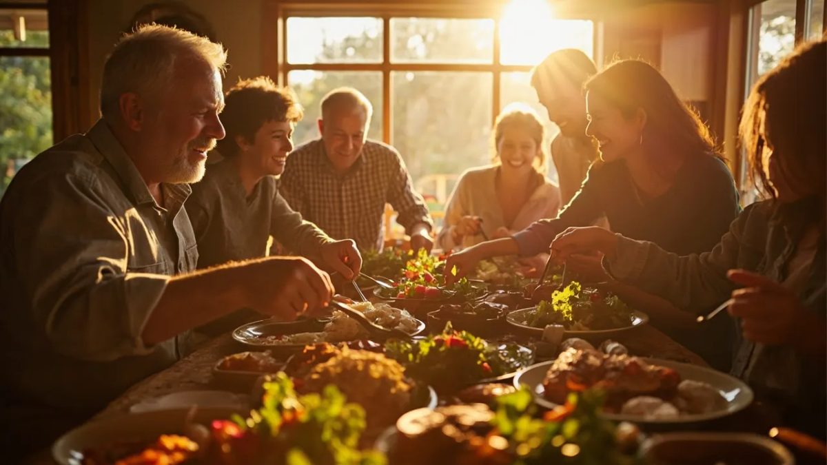 Familia diversa compartiendo una comida casera saludable alrededor de una mesa de madera iluminada por luz natural cálida.