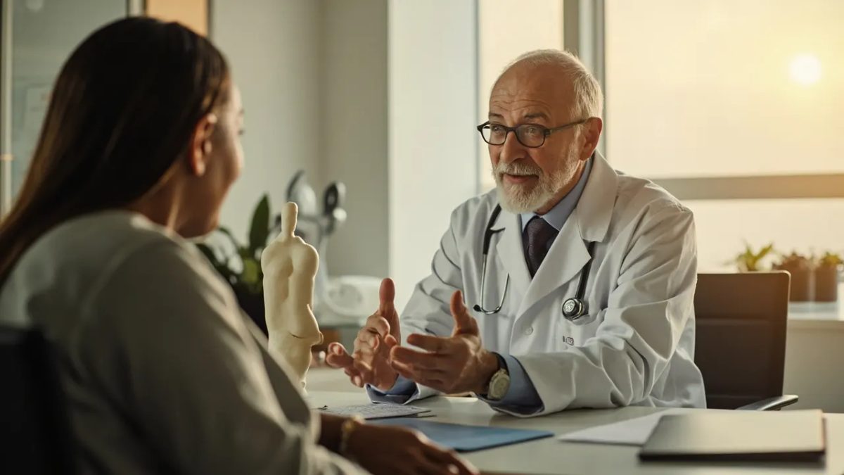 Cirujano bariátrico en consulta médica con un paciente adulto diverso, explicándole el procedimiento en un despacho luminoso y profesional.