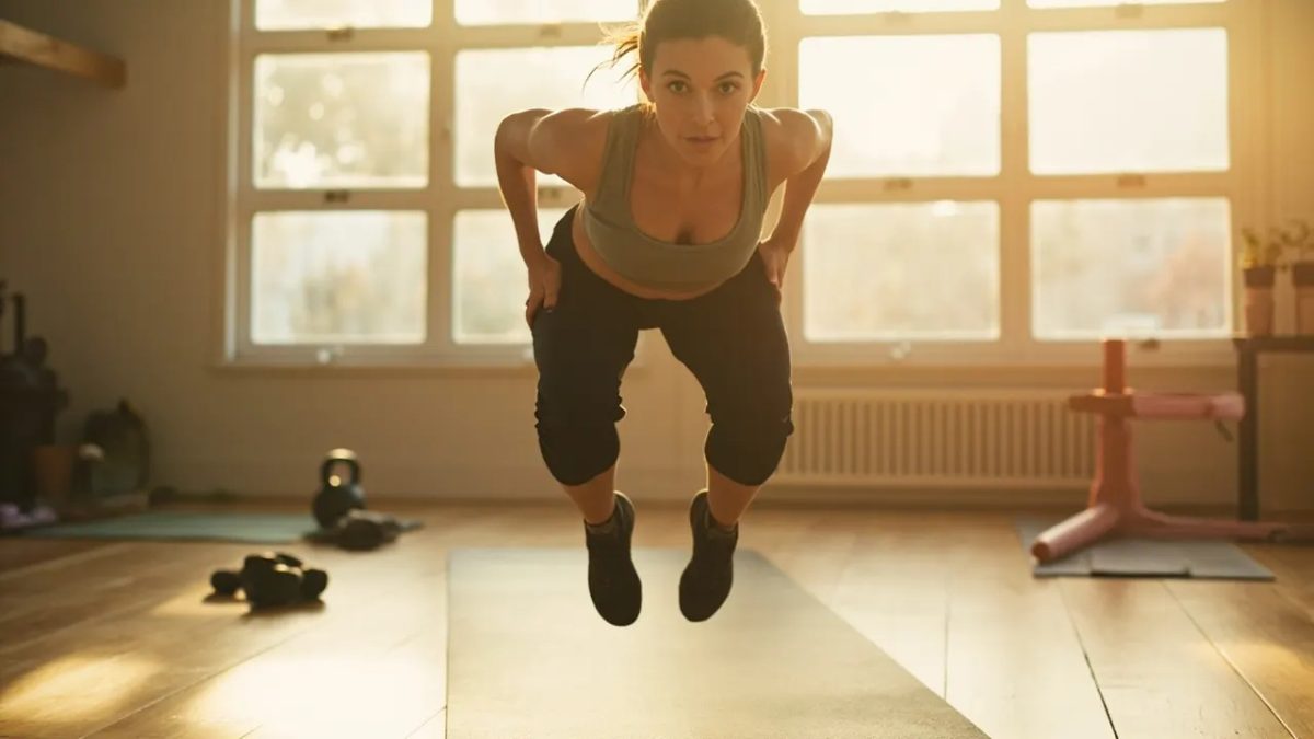 Mujer atlética realizando un ejercicio de entrenamiento HIIT en casa, con luz natural cálida, capturada en pleno movimiento