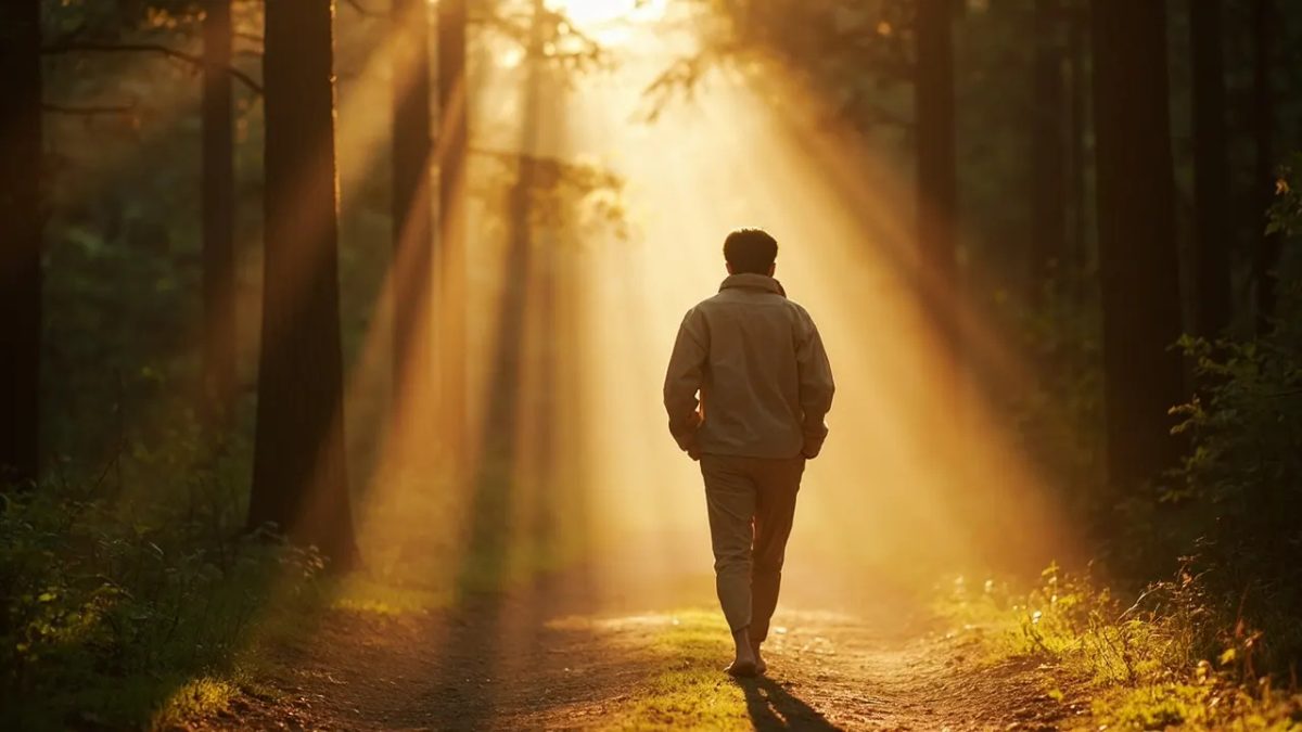 Persona caminando tranquila por un sendero iluminado entre pinos al amanecer, vista desde atrás, simbolizando el avance consciente hacia los valores propios.