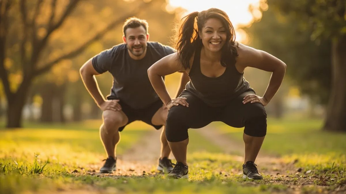 Mujer con cuerpo grande realizando sentadillas al aire libre en un parque, acompañada por otra persona ejercitándose, bajo luz cálida natural.