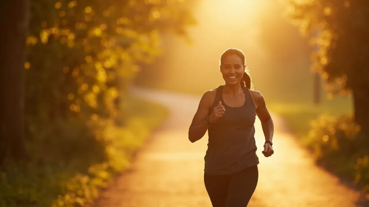 Mujer corriendo con energía por un sendero arbolado de un parque iluminado por la cálida luz del atardecer.