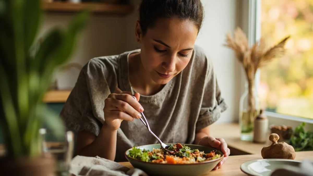 Persona diversa comiendo de forma consciente y relajada en una mesa con luz natural cálida, rodeada de alimentos saludables y un ambiente tranquilo.