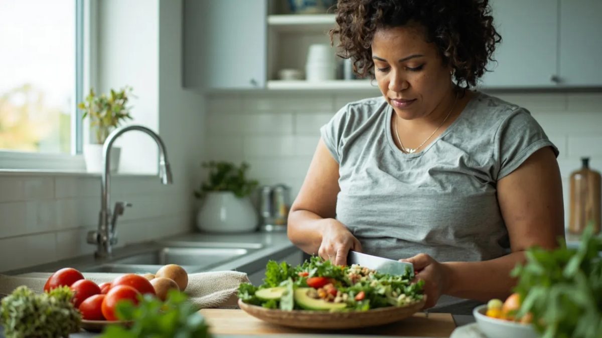 Mujer diversa preparando una ensalada de verduras frescas y aguacate en una cocina luminosa con luz natural fría de mañana