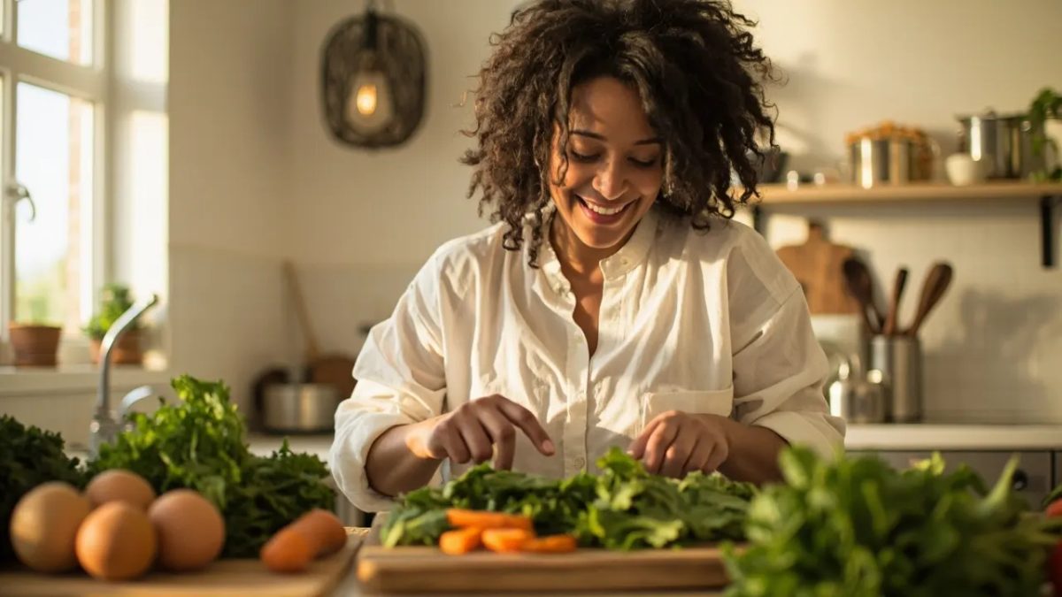 Mujer sonriente preparando verduras frescas en una cocina luminosa, transmitiendo bienestar y autocuidado sin elementos que estigmaticen su cuerpo.