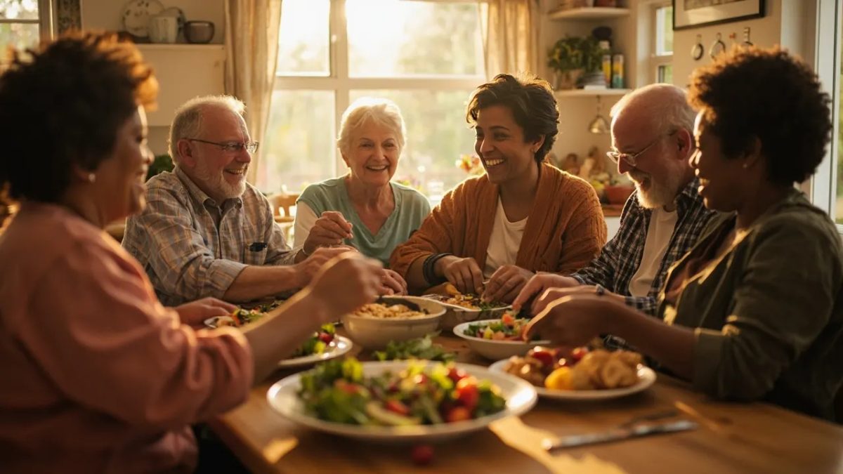 Grupo diverso de personas de distintas edades y cuerpos compartiendo una comida casera y colorida alrededor de una mesa de madera, en una cocina iluminada con luz cálida natural, en un ambiente relajado y acogedor.