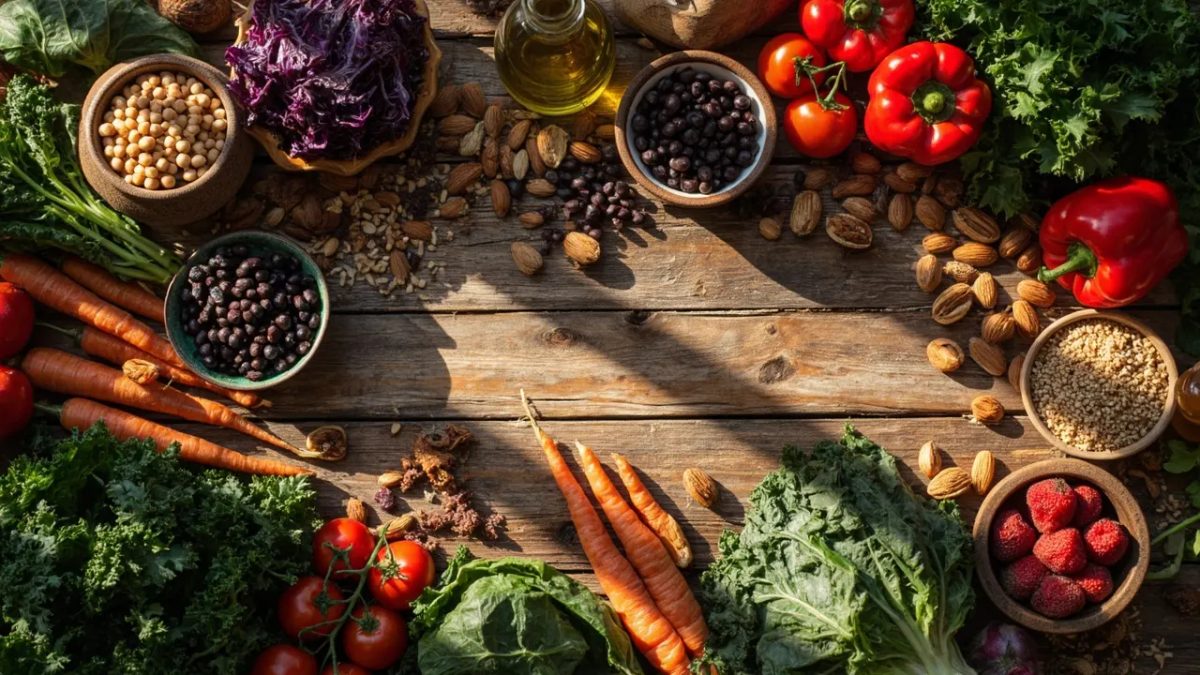 Mesa rústica de madera abundantemente cubierta con alimentos integrales coloridos típicos de la dieta de longevidad: verduras de hoja verde, tomates, pimientos, legumbres, frutos rojos, frutos secos, aceite de oliva y cereales integrales, iluminada con luz natural cálida.