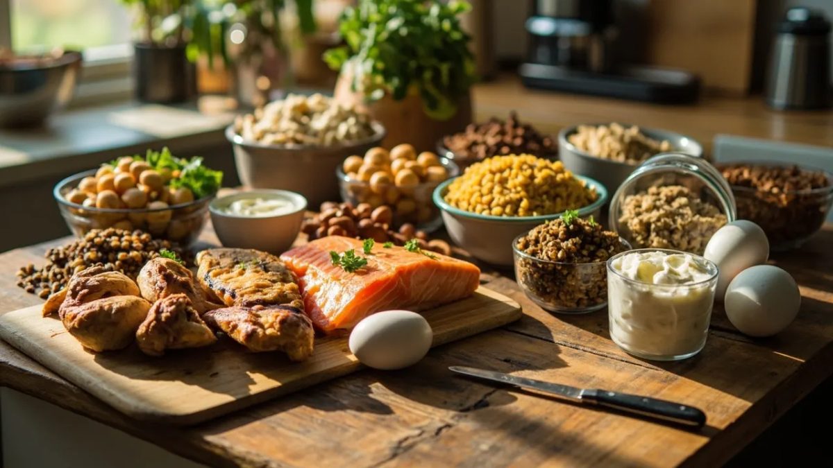 Mesa rústica con una variada selección de alimentos ricos en proteínas: pechuga de pollo a la parrilla, salmón, huevos, lentejas, garbanzos, yogur griego, queso fresco, tofu, almendras y quinoa.