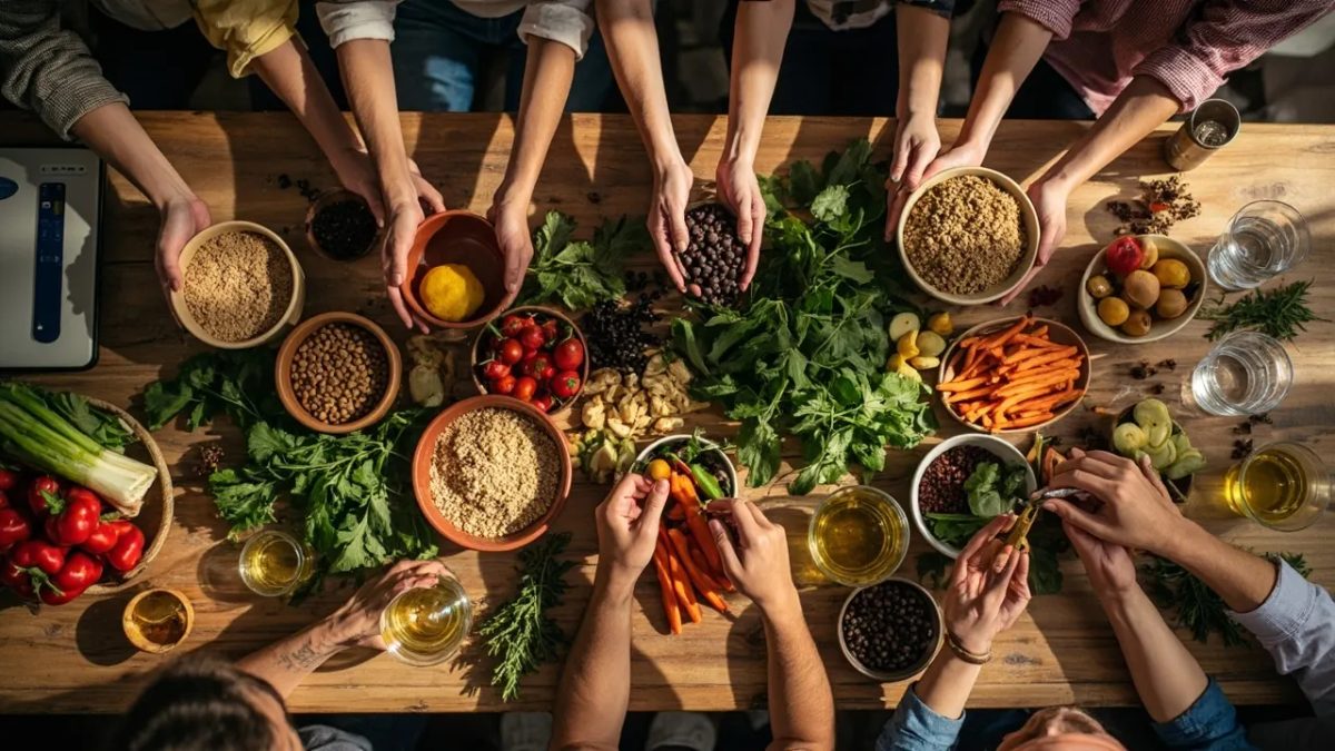 Manos diversas de varias personas preparando y compartiendo alimentos frescos de origen vegetal sobre una mesa de madera rústica, con verduras de temporada, granos integrales, legumbres y hierbas frescas.