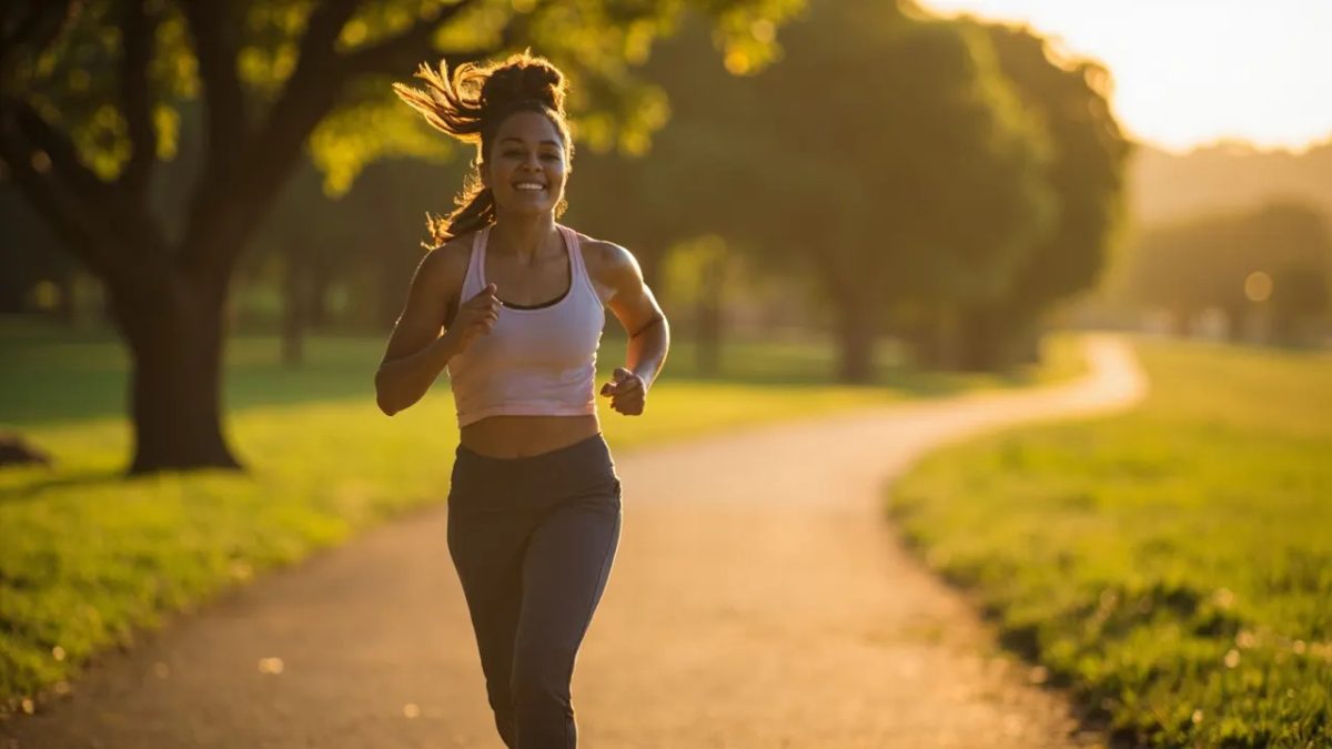 Mujer diversa haciendo jogging al aire libre por un sendero arbolado de un parque, iluminada por la luz cálida del atardecer.