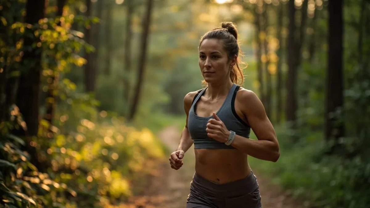 Mujer corriendo por un sendero forestal bajo la luz suave de primera hora de la mañana