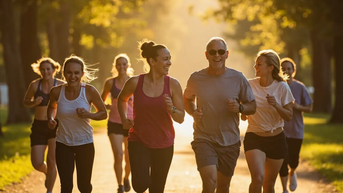 Grupo diverso de personas de diferentes edades y complexiones corriendo juntas por un parque al amanecer, bajo una luz cálida y natural.