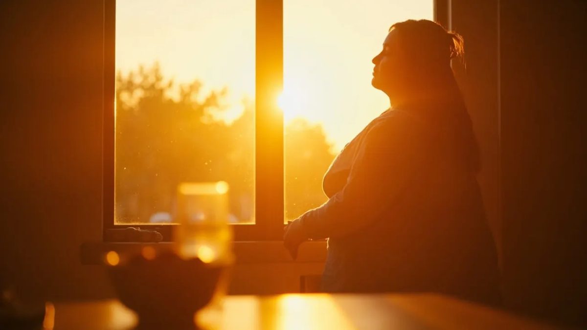 Persona de pie junto a una ventana al amanecer contemplando la luz dorada del inicio del día, con un vaso de agua y fruta sobre la encimera