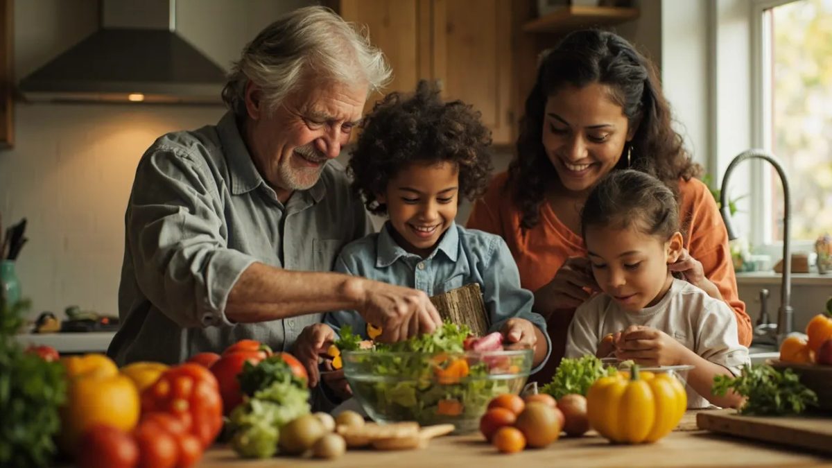 Familia diversa de varias edades preparando juntos una comida saludable con verduras y frutas frescas en una cocina luminosa y acogedora.
