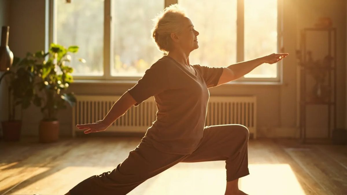 Mujer madura de unos 50 años, con cabello natural con algunas canas, practicando yoga con serenidad y fuerza en una sala luminosa con luz cálida.