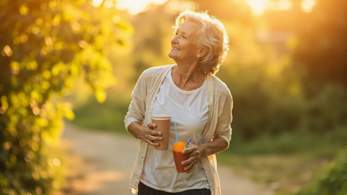 Mujer madura caminando con confianza por un parque soleado, transmitiendo vitalidad y bienestar durante la etapa de la menopausia.