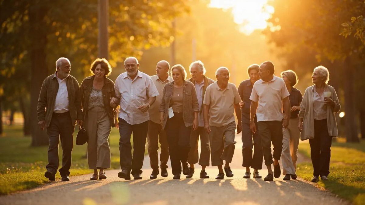 Grupo diverso y multigeneracional de personas caminando juntas por un sendero soleado en un entorno natural al aire libre.