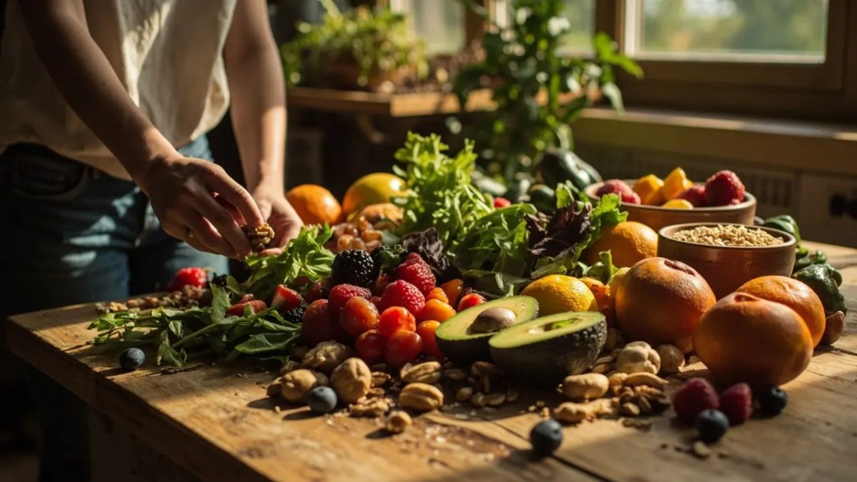 Mesa de madera rústica con una colorida variedad de alimentos frescos y saludables dispuestos con armonía, como verduras de hoja verde, bayas, aguacates, granos integrales en un cuenco de cerámica, nueces y frutas cítricas, todo iluminado por luz natural cálida.