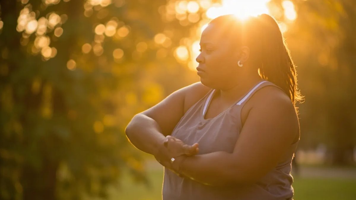Fotografía editorial de una persona diversa estirándose suavemente al aire libre en un parque iluminado por luz cálida, vestida con ropa deportiva cómoda, en una pose que transmite bienestar y conciencia corporal.