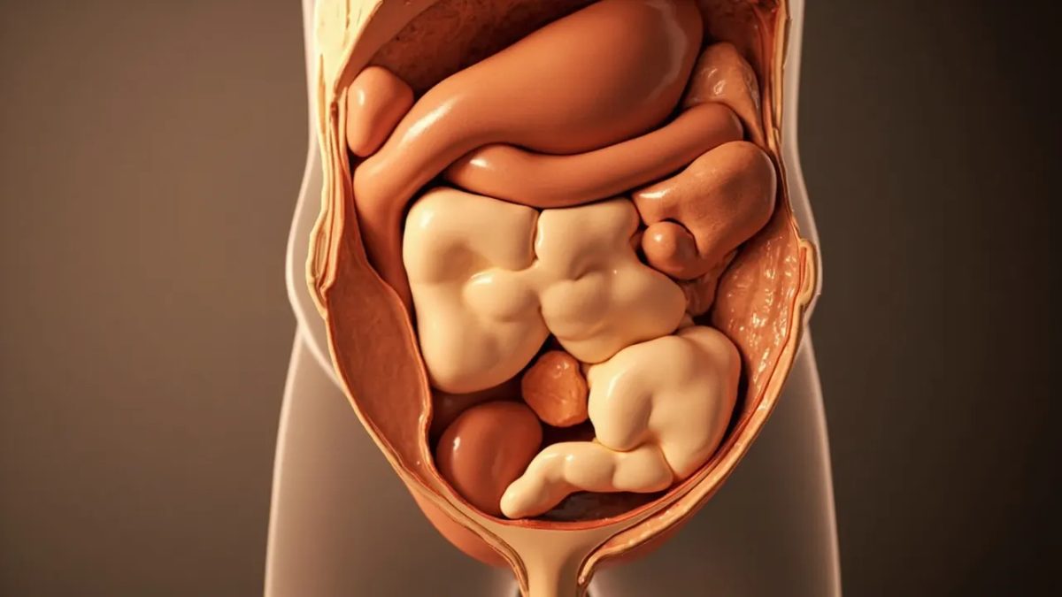 Imagen clínica de un corte transversal del abdomen humano que muestra los depósitos de grasa visceral rodeando los órganos internos, con iluminación cálida y sin texto ni elementos estigmatizantes.