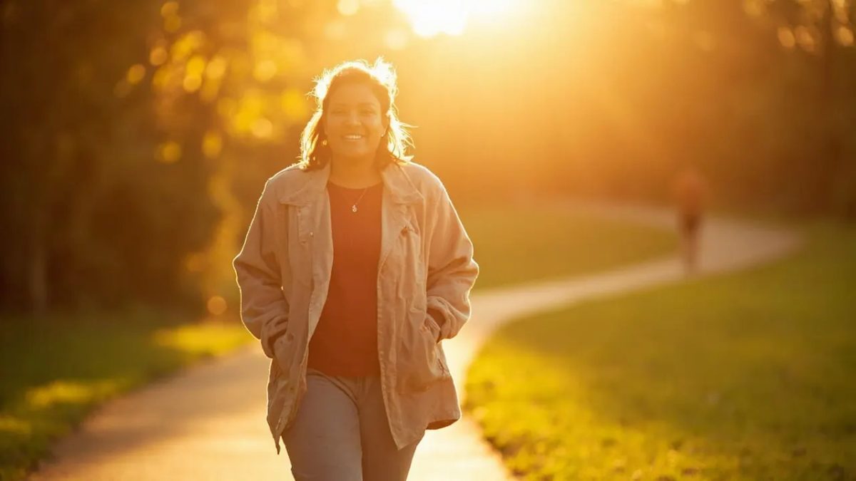 Persona diversa caminando tranquilamente por un sendero de parque iluminado por luz natural cálida, vestida con ropa cómoda en tonos neutros.
