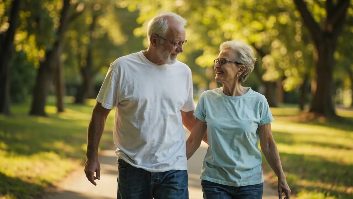 Pareja madura caminando junta por un parque soleado conversando de forma relajada