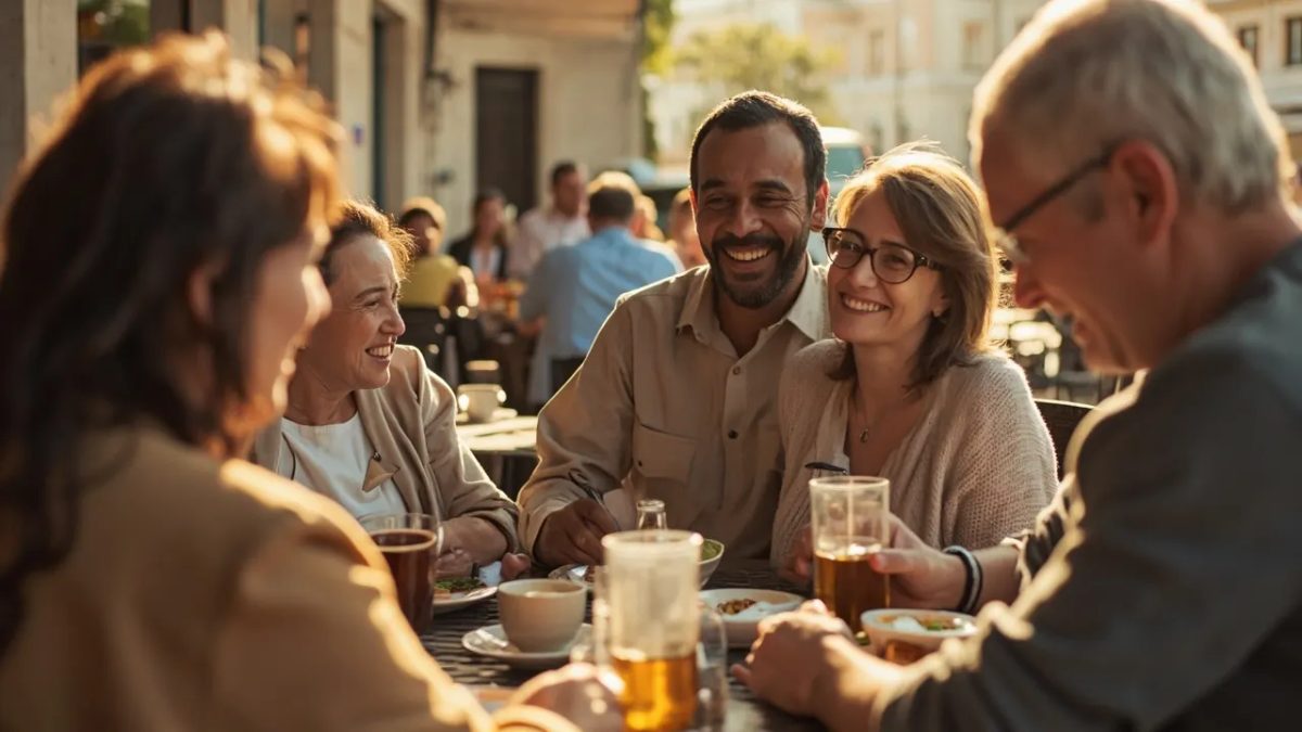 Grupo diverso de personas adultas de distintas edades, etnias y complexiones compartiendo un momento en una terraza de un café europeo al aire libre, con edificios de piedra al fondo bajo luz cálida.