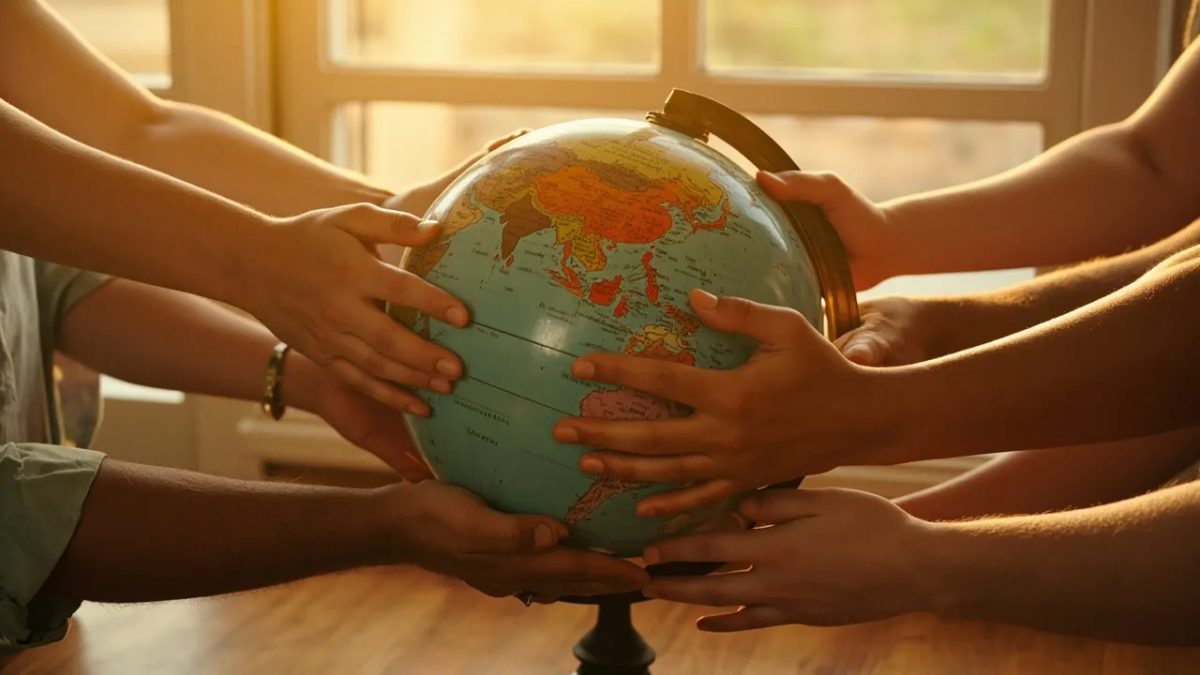 Manos de personas de distintas etnias apoyadas sobre un globo terráqueo iluminado con luz natural cálida, en una mesa de madera, simbolizando la diversidad global
