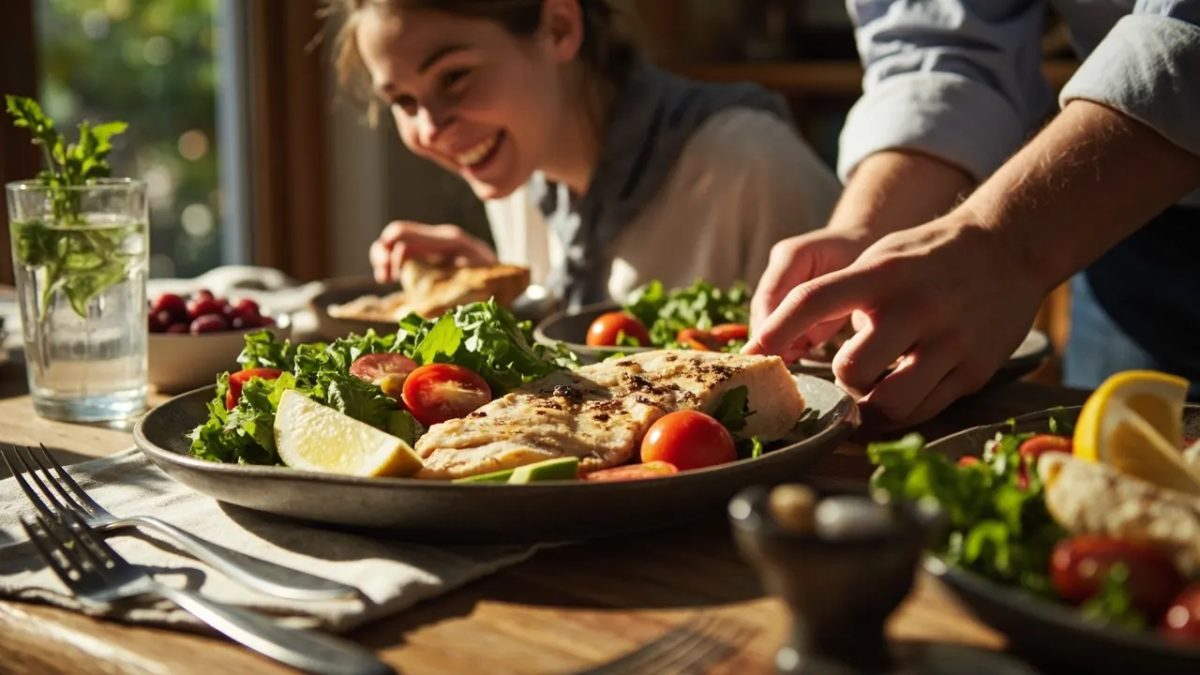 Mesa de madera con una cena ligera compuesta por pescado a la plancha, ensalada verde, tomates cherry, aguacate y bayas, servida junto a un vaso de agua con menta bajo luz cálida natural.
