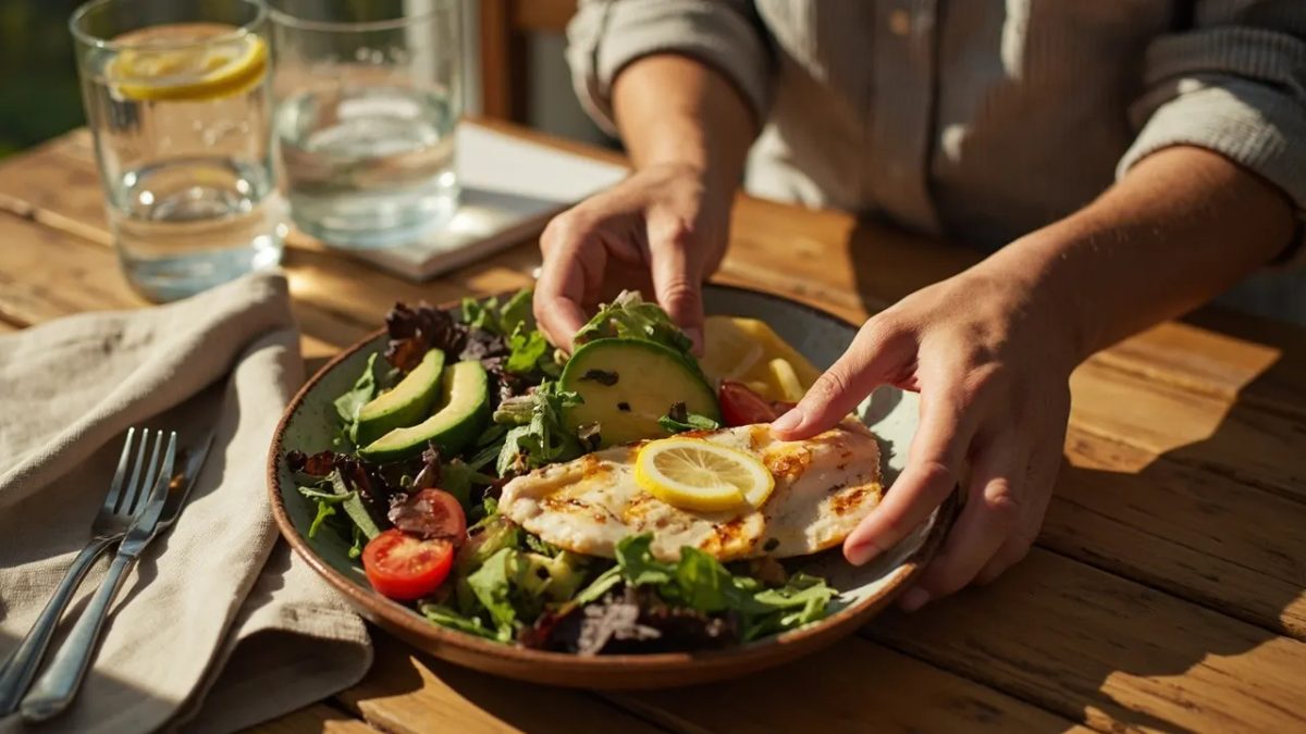 Plato de cerámica con una cena ligera y saludable: filete de pescado a la plancha acompañado de ensalada fresca de hojas verdes, tomates cherry, pepino y aguacate, con un paño de lino, sobre una mesa de madera iluminada con luz natural cálida.