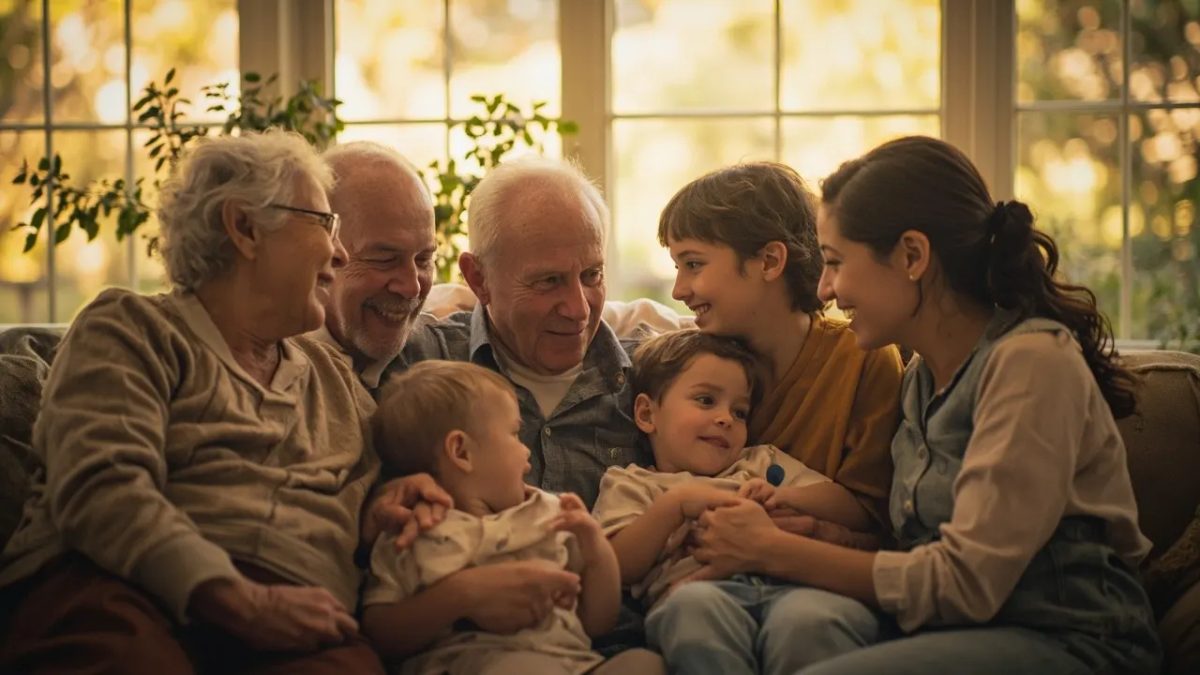 Familia multigeneracional y diversa reunida en un salón iluminado por luz cálida, con abuelos, padres e hijos compartiendo un momento de conexión afectuosa.