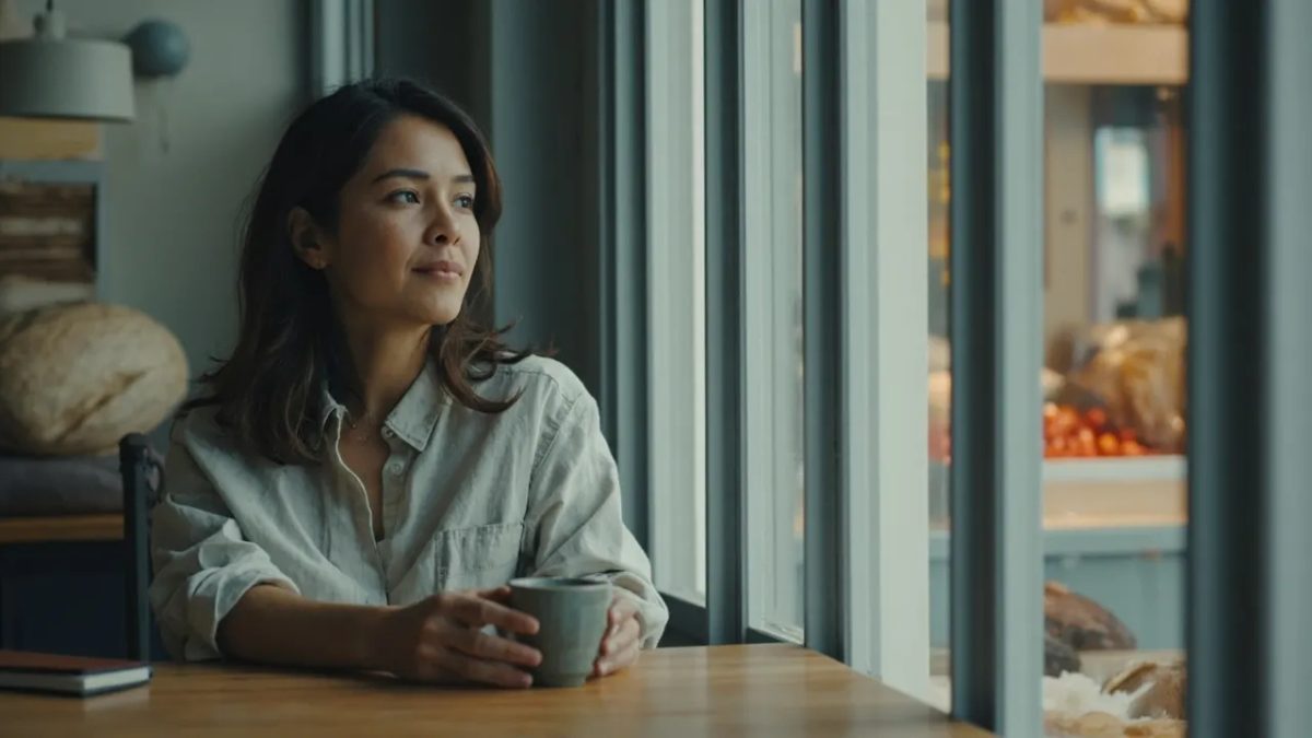 Mujer diversa sentada junto a una ventana con luz suave de mañana, en un momento de introspección tranquila sobre su bienestar.