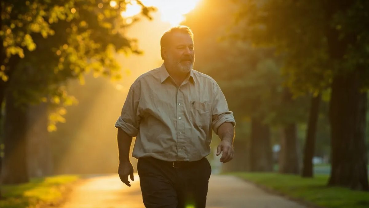 Hombre adulto caminando tranquilo por un sendero de un parque arbolado bajo la luz cálida del atardecer, vestido con ropa casual y con expresión relajada y pensativa.